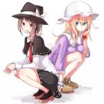  2girls blonde_hair blue_eyes bow brown_eyes brown_hair capelet elbow_rest hat hat_bow maribel_hearn multiple_girls necktie shirofox squatting touhou usami_renko 