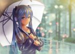  1girl blue_eyes blue_hair blurry bokeh bust casual city collarbone dated depth_of_field hatsune_miku headphones helk holding_umbrella lens_flare light_smile long_hair long_sleeves looking_at_viewer puddle rain reflection road signature solo street sweater twintails umbrella very_long_hair vocaloid 