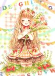  1girl ^_^ blush brown_hair closed_eyes dress flower food food_themed_clothes fruit hairband happy highres kneeling leaf long_hair original smile solo strawberry very_long_hair 