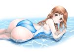  1girl ass breasts brown_eyes brown_hair competition_swimsuit long_hair looking_at_viewer lying on_side one-piece_swimsuit original partially_submerged reiji-sss smile solo swimsuit water wet 