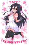  1girl black_gloves black_hair black_legwear blush gloves high_heels highres jewelry k-on! k10k long_hair looking_at_viewer nakano_azusa necklace red_eyes smile solo thigh-highs 