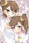  brown_eyes brown_hair futami_ami futami_mami highres idolmaster natsu_(anta_tte_hitoha) necktie siblings side_ponytail smile twins v 