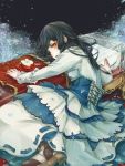  1girl apple black_background black_hair boots cartolaio corset darkness_in_wonderland dress flower food fruit highres long_hair petals red_eyes ribbon_trim rose snow_white_(grimm) snow_white_and_the_seven_dwarfs solo white_rose 
