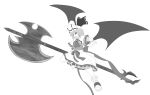  1girl alternate_weapon axe bat_wings bow brooch capelet curiosities_of_lotus_asia fangs fingernails frills greyscale grin hat hat_ribbon highres huge_weapon jewelry monochrome pointy_ears remilia_scarlet ribbon short_hair skirt smile solo touhou wade weapon wings 