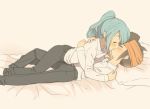  2boys bed blue_hair closed_eyes endou_mamoru hair_down hair_over_one_eye inazuma_eleven inazuma_eleven_(series) kazemaru_ichirouta kiss long_hair m_(pixiv9151) male multiple_boys on_bed school_uniform yaoi 