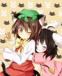 &gt;_&lt; 2girls :3 :x ;&lt; animal_ears black_hair blush brown_hair carrot_necklace cat cat_ears cat_tail chen earrings highres hug hug_from_behind inaba_tewi jewelry mob_cap multiple_girls multiple_tails puffy_short_sleeves puffy_sleeves rabbit rabbit_ears ribbon-trimmed_sleeves ribbon_trim short_hair short_sleeves tail touhou two_tails yellow_eyes 