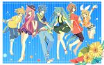  2boys 4girls ahoge alternate_costume aqua_hair arm_warmers barefoot belt blonde_hair blue_eyes blue_hair bow brown_hair closed_eyes hair_bow hairband hat hat_bow hatsune_miku holding_hands jumping kagamine_len kagamine_rin kaito long_hair megurine_luka meiko midriff multiple_boys multiple_girls nail_polish navel pink_hair red_eyes scarf short_hair short_ponytail smile twintails vocaloid yoshiki 