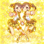  2014 brown_eyes brown_hair costume ech futami_ami futami_mami grin happy_birthday idolmaster siblings side_ponytail smile star twins v 