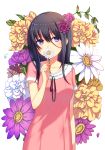  1girl black_hair blush bust collarbone flower ginichi_(toot08) hair_between_eyes hair_flower hair_ornament highres holding holding_flower long_hair original revision ribbon ribbon-trimmed_clothes ribbon_trim shirt short_sleeves simple_background solo violet_eyes white_background 