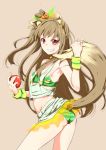  1girl animal_ears apple blush breasts brown_hair clearite food fruit grin holo long_hair looking_at_viewer midriff red_eyes sketch smile solo spice_and_wolf tail wolf_ears wolf_tail 