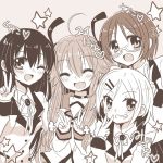  4girls angel_beats! blazer closed_eyes double_v extra glasses grin long_hair monochrome multiple_girls nananeko one_eye_closed school_uniform serafuku smile twintails v wink yui_(angel_beats!) 