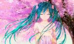  1girl aqua_hair cherry_blossoms closed_eyes collarbone facing_viewer flower hands_on_own_chest hatsune_miku holding holding_flower long_hair long_sleeves mariwai_(marireroy) parted_lips portrait solo spring_(season) tree twintails very_long_hair vocaloid 