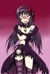  1girl akemi_homura akuma_homura argyle argyle_legwear bare_shoulders black_hair blush bow choker clothes_pull covering covering_breasts crossed_arms dress elbow_gloves feathered_wings gloves gradient gradient_background hair_bow highres long_hair looking_at_viewer mahou_shoujo_madoka_magica mahou_shoujo_madoka_magica_movie solo spoilers thigh-highs torn_clothes violet_eyes wings zettai_ryouiki 