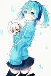  1boy 1girl blue_eyes blue_hair character_doll daluto_(hitomi555) ene_(kagerou_project) headphones kagerou_project konoha_(kagerou_project) long_hair long_sleeves looking_at_viewer oversized_clothes red_eyes short_hair short_twintails skirt solo_focus thigh-highs track_jacket twintails white_hair zettai_ryouiki 
