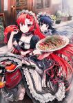  2girls blue_eyes blue_hair food highres honda long_hair maid maid_headdress motor_vehicle motorcycle multiple_girls original plate red_eyes redhead shirakaba smile vehicle 