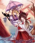  2girls bare_shoulders bare_tree blonde_hair brown_hair detached_sleeves eyes gap hakurei_reimu hat hat_ribbon highres long_hair midriff mob_cap mound_of_venus multiple_girls navel parasol red_eyes ribbon sk_tori skirt smile stone_lantern torii touhou tree umbrella violet_eyes wading water wide_sleeves yakumo_yukari yin_yang 