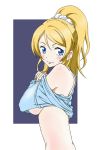  1girl ayase_eli blonde_hair blue_eyes blush breasts eleven929rr long_hair looking_back love_live!_school_idol_project ponytail solo under_boob white_background 
