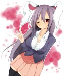  1girl a-iueo animal_ears black_legwear breasts cleavage collarbone highres jacket large_breasts long_hair long_sleeves looking_at_viewer one_eye_closed purple_hair rabbit_ears red_eyes reisen_udongein_inaba shirt skirt smile solo thigh-highs touhou undersized_clothes very_long_hair wink zettai_ryouiki 