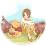  1girl animal bear brown_eyes brown_hair crossover disney english eyelashes gacchahero happinesscharge_precure! happy honey looking_at_another oomori_yuuko overalls pooh precure red_shirt ribbon shirt shoes short_hair sitting smile solo tagme trait_connection winnie_the_pooh yellow_shirt 
