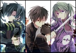  1boy 2girls black_hair dual_wielding enomoto_takane green_hair gun hoodie kagerou_project katana kido_tsubomi kisaragi_shintarou long_hair multiple_girls one_eye_closed red_eyes short_hair sword twintails usm_(kk316) violet_eyes weapon 