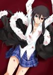  1boy bellezza_felutia black_hair blood blood_on_face bloody_clothes blue_eyes boots crossdressinging fur highres jacket long_hair original red_eyes shirt skirt trap 