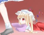  blonde_hair bow dress flandre_scarlet hair_bow looking_up lying mary_janes mob_cap on_stomach parted_lips puffy_short_sleeves puffy_sleeves red_dress sea_scorpion_(umisasori) shoes short_sleeves side_ponytail skirt socks touhou wings 