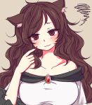  1girl animal_ears bianco_(mapolo) brooch brown_hair collarbone curly_hair dress eyelashes finger_to_face fingernails frilled_sleeves frills imaizumi_kagerou jewelry long_fingernails long_hair looking_at_viewer nail_polish off_shoulder red_eyes solo solo_focus touhou wavy_mouth white_dress wolf_ears worried 