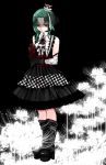  1girl alternate_costume aoshima bare_shoulders black_boots black_dress black_gloves blue_eyes boots corset darkness dress flower gloves gothic_lolita green_hair highres lolita_fashion mini_hat rod_of_remorse shaded_face shiki_eiki solo spider_lily touhou 