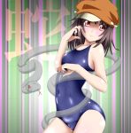  1girl absurdres brown_eyes brown_hair hat highres meteo-impact monogatari_(series) one-piece_swimsuit school_swimsuit sengoku_nadeko short_hair snake solo swimsuit 