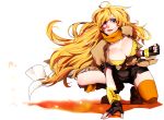  1girl :p belt black_gloves blonde_hair boots breasts cleavage fighting_stance fingerless_gloves gloves jacket large_breasts long_hair rwby short_sleeves shorts smile solo thigh-highs tongue violet_eyes white_background yang_xiao_long 
