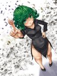  1girl black_dress curly_hair dress green_eyes green_hair hand_on_hip no_panties onepunch_man pointing pointing_up pout seinto__(metameter) short_hair small_breasts solo standing tatsumaki 