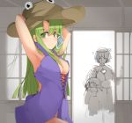  3girls arm_up arms_up breasts cosplay covering_eyes dress frog_hair_ornament green_hair hair_ornament hat headwear_switch j23 kochiya_sanae large_breasts long_hair looking_at_viewer mirror moriya_suwako moriya_suwako_(cosplay) multiple_girls no_bra no_panties open_door open_mouth purple_dress revealing_clothes sleeveless sleeveless_dress smile snake_hair_ornament touhou very_long_hair walk-in yasaka_kanako 