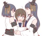  3girls ^_^ ahoge bangs black_hair blue_eyes blush braid closed_eyes detached_sleeves fusou_(kantai_collection) girl_sandwich hair_ornament hair_ribbon hug kantai_collection long_hair multiple_girls nontraditional_miko red_eyes ribbon sandwiched school_uniform serafuku shigure_(kantai_collection) short_hair side_braid single_braid sweat udon_(shiratama) wavy_mouth yamashiro_(kantai_collection) 