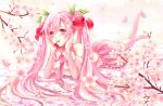  1girl cherry cherry_blossoms chin_rest detached_sleeves food fruit hatsune_miku long_hair lying mouth_hold necktie on_stomach pink_eyes pink_hair sakura_miku skirt solo thigh-highs twintails very_long_hair vocaloid 