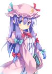  1girl blush bow crescent hat long_hair mokoke patchouli_knowledge purple_hair solo touhou violet_eyes 