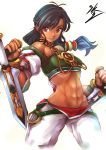  abs bare_shoulders black_hair brown_eyes dark_skin detached_sleeves midriff navel soulcalibur sowel_(sk3) talim tonfa tubetop weapon 