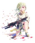  1girl bike_shorts black_bullet blonde_hair blood braid bullet crying frown gun highres kneeling kyouko_kasa long_sleeves red_eyes rifle scarf senju_kayo shoes short_hair shotgun_shells solo tears twin_braids usas-12 weapon 