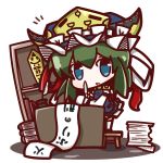  1girl blue_eyes book chair chibi desk green_hair hat highres nuu_(nu-nyu) open_mouth papers pen rod_of_remorse scroll shelf shikieiki_yamaxanadu short_hair simple_background solo tagme touhou translation_request white_background 
