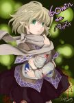  1girl arm_around_waist arm_warmers blonde_hair brown_clothes faux_traditional_media green_eyes haori japanese_clothes lips looking_at_viewer miniskirt mizuhashi_parsee multicolored_background pointy_ears sakurai_haruto scarf short_hair skirt skirt_set solo standing touhou traditional_clothes 