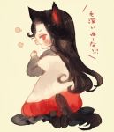  1girl angry animal_ears back blush brown_hair dress fang imaizumi_kagerou kneeling long_hair long_sleeves looking_at_viewer looking_back open_mouth red_eyes shoes simple_background solo tail text touhou translation_request wolf_ears wolf_tail yellow_background yujup 