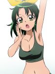  1girl armpits bare_shoulders breasts cleavage collarbone crop_top green_eyes green_hair long_hair manji_(tenketsu) midorikawa_nao midriff navel ponytail precure shouting smile_precure! solo tank_top waving 