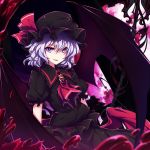  1girl alternate_color bat_wings black_shirt black_wings blood blue_hair hat highres open_mouth pink_eyes puffy_sleeves remilia_scarlet short_hair short_sleeves smile solo touhou ugume wings 