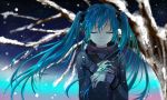  1girl aqua_hair closed_eyes coat collarbone facing_viewer hands_on_own_chest hatsune_miku holding long_hair long_sleeves mariwai_(marireroy) parted_lips portrait snow solo tree twintails very_long_hair vocaloid winter 