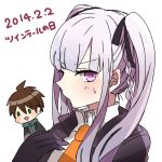  1boy 1girl ahoge alternate_hairstyle asitamo33 blush braid brown_hair dangan_ronpa gloves green_eyes hand_on_own_chest hoodie jacket kirigiri_kyouko long_hair naegi_makoto necktie purple_hair single_braid solo_focus twintails violet_eyes 