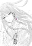  1girl absurdres akemi_homura earrings hand_in_hair hand_on_own_chest highres jewelry looking_at_viewer mahou_shoujo_madoka_magica mahou_shoujo_madoka_magica_movie monochrome salamander simple_background sketch smile solo spoilers tattoo white_background 
