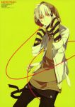  1boy absurdres copyright_name facial_mark headphones highres hoodie jacket kagerou_project konoha_(kagerou_project) looking_at_viewer official_art pink_eyes red_string scan shizu_(9394marimo) solo string sweater white_hair yellow yellow_background 