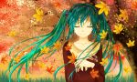  1girl aqua_hair autumn autumn_leaves closed_eyes collarbone facing_viewer flower hands_on_own_chest hatsune_miku holding holding_flower long_hair long_sleeves mariwai_(marireroy) parted_lips portrait solo tree twintails very_long_hair vocaloid 