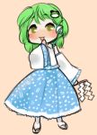 1girl brown_eyes chibi detached_sleeves frog_hair_ornament gohei green_hair hair_ornament hand_to_own_mouth kochiya_sanae long_skirt lowres magical_ondine sandals skirt snake_hair_ornament socks touhou