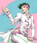  1boy artist_request earrings expressionless eyelashes green_eyes green_hair highres jewelry jojo_no_kimyou_na_bouken jojo_pose kishibe_rohan lipstick looking_afar makeup pink_hair pose solo source_request tagme 