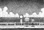  2girls bus_stop clouds hat maribel_hearn monochrome multiple_girls nib_pen_(medium) railing soyanrai touhou traditional_media usami_renko 